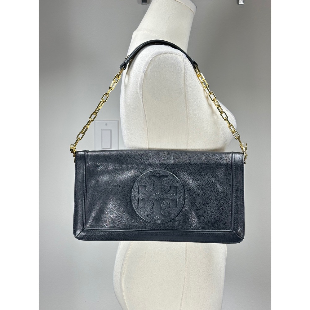 Tory Burch Women's Bombe Reva Clutch Shoulder Bag Black Gold Chain Designer